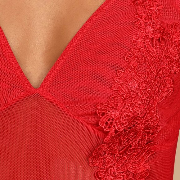 Lulu's Red Embroidered Sheer Mesh 'Love Me Harder' Bodysuit SIZE MEDIUM - Picture 4 of 8